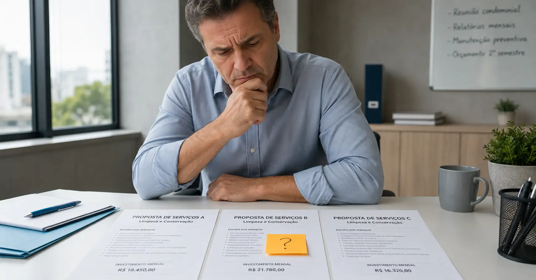 síndico analisando propostas de terceirização com foco no preço mais baixo