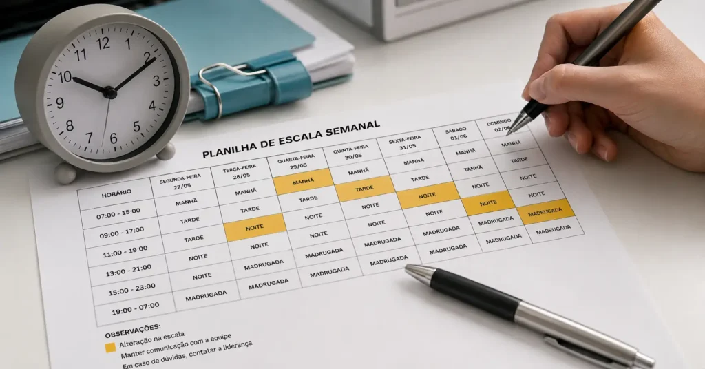 relógio e planilha de escala de trabalho representando mudança na jornada de 44 para 40 horas