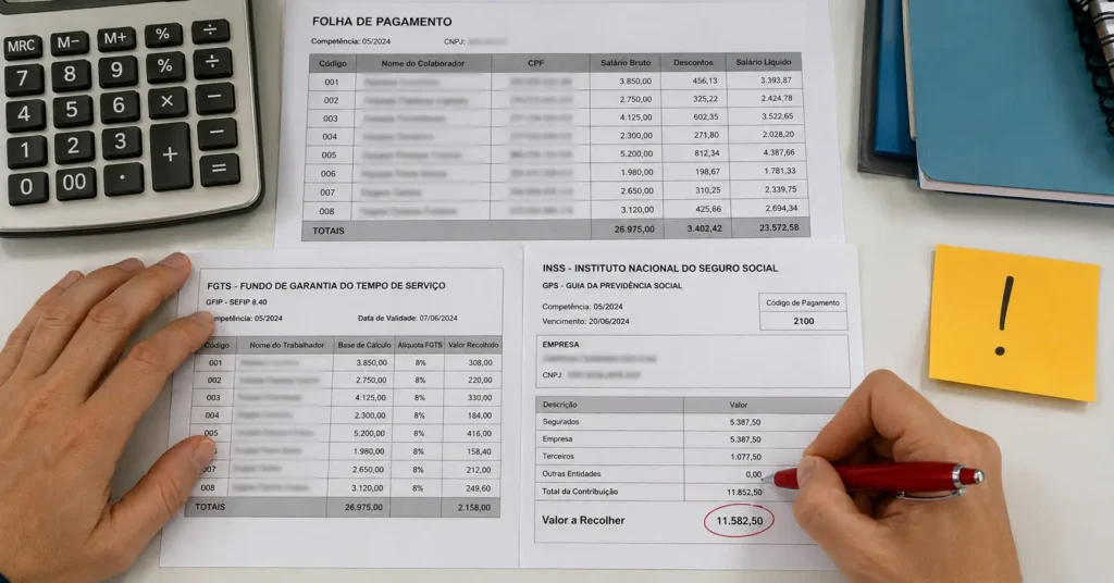 documentos de encargos trabalhistas e calculadora representando custos reais de terceirização