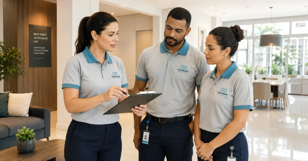 supervisora CEFRAM orientando equipe sobre nova escala de trabalho em condomínio
