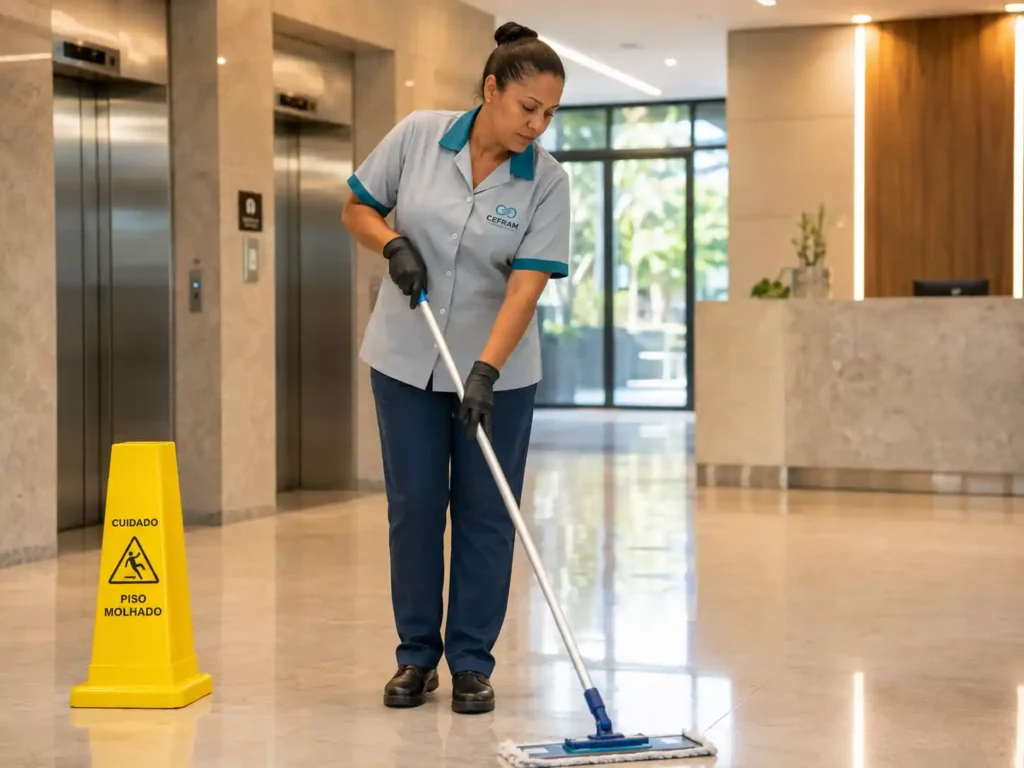 profissional de limpeza da CEFRAM higienizando hall de entrada de condomínio em Belo Horizonte