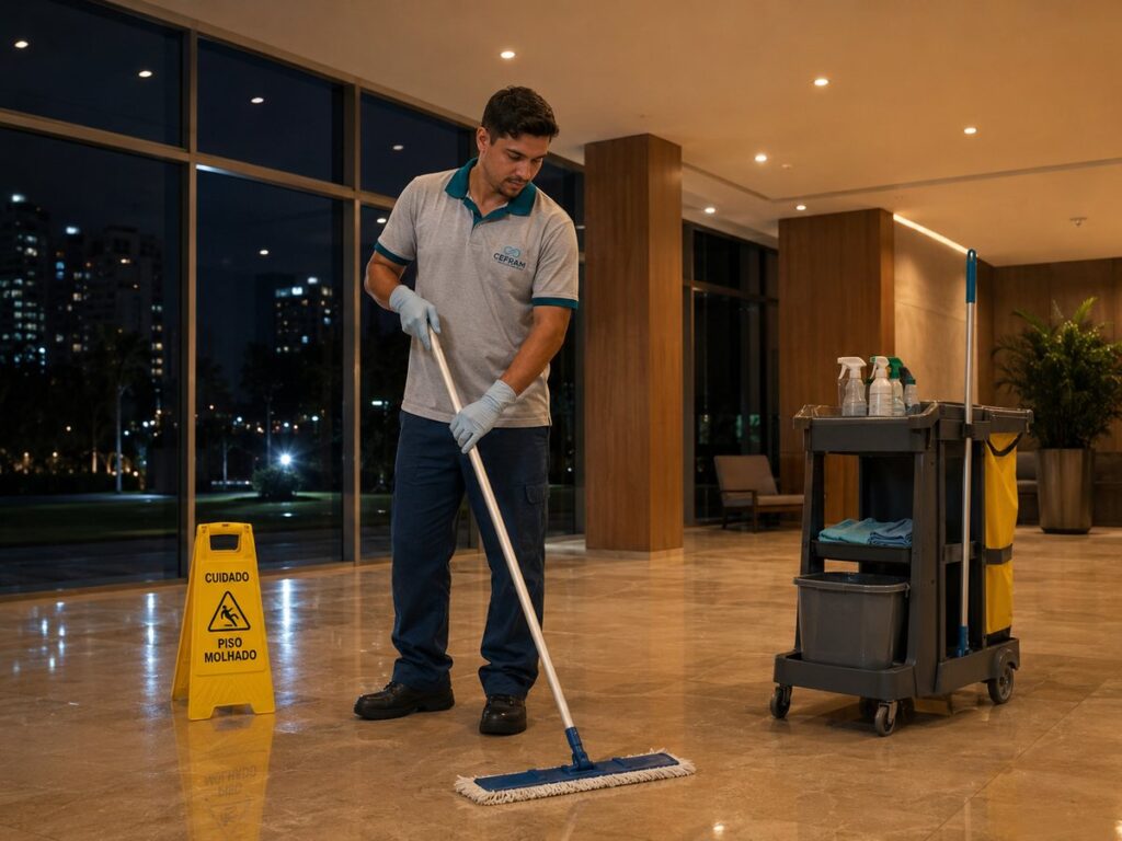 Profissional da CEFRAM realizando limpeza em turno noturno em área comum de condomínio