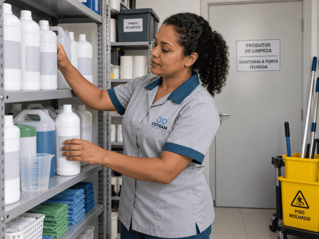 armazenamento organizado de produtos de limpeza em almoxarifado de escola