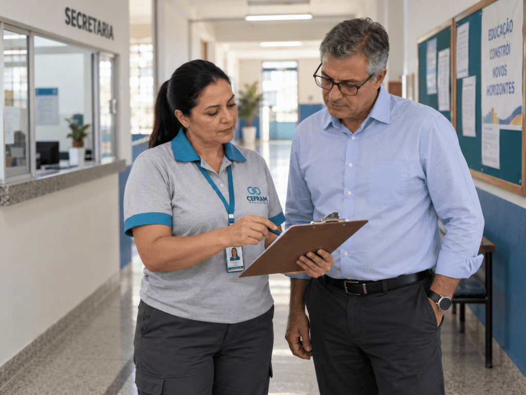 supervisora de conservadora e diretor de escola revisando escopo do contrato de limpeza