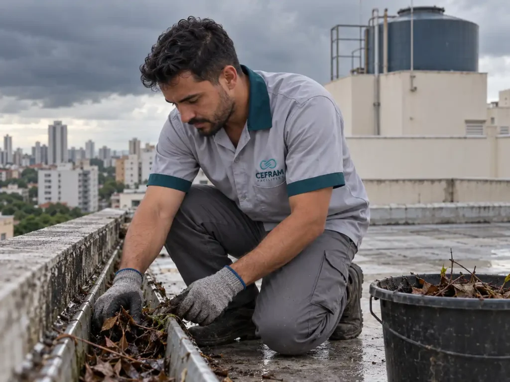 profissional inspecionando calha em cobertura de condomínio antes do período de chuvas